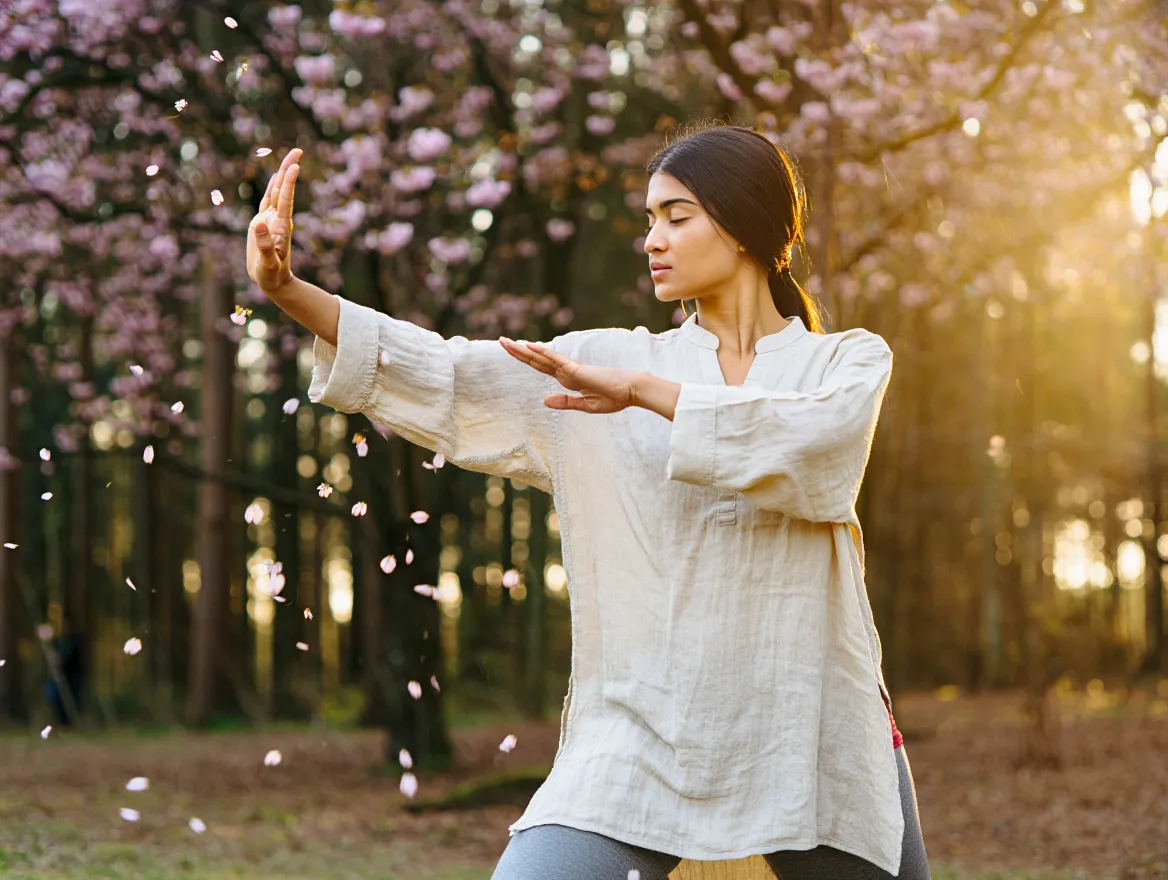 Person in peaceful natural setting practicing mindful routine
